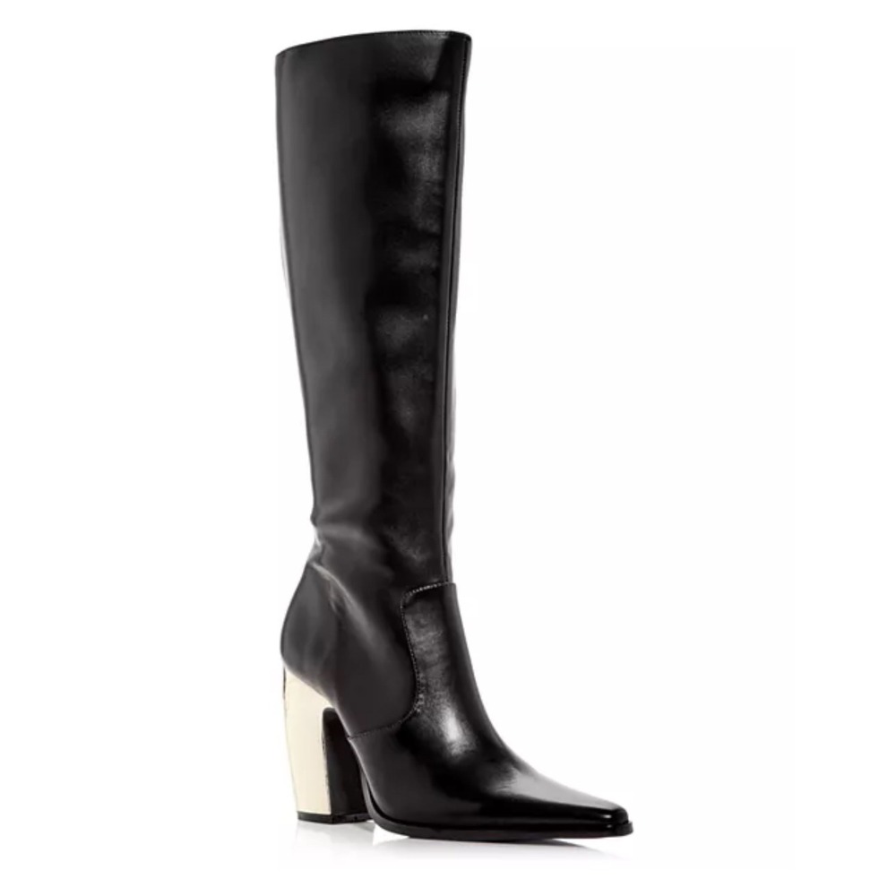 AQUA Black Faux Leather Pointed Toe Knee High Boots Metallic Block Heel 9